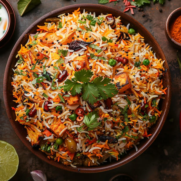 A vibrant bowl of Indian biryani, with rice, paneer, vegetables, and fresh cilantro.