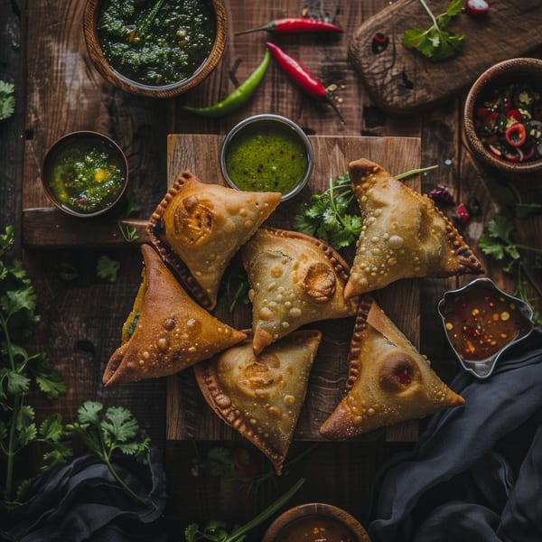 Golden-brown Indian samosas with green chutney and chili sauces on a rustic wooden board.