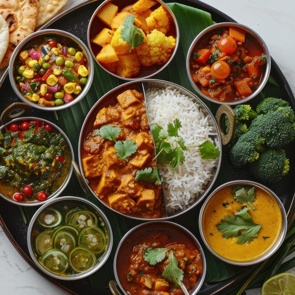A Janaki Indian Cuisine thali with various curries, rice, naan, and vegetables on a banana leaf.