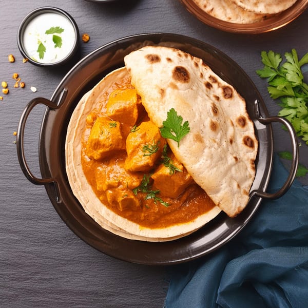 Janaki Indian Cuisine's butter chicken with naan bread, yogurt, and cilantro on a dark slate.