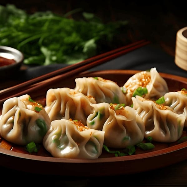 Steamed dumplings with green onions and sesame seeds on a wooden plate with chopsticks.