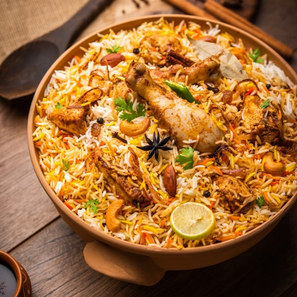 A large bowl of Janaki Indian Cuisine's chicken biryani, garnished with nuts, spices, and a lime slice.